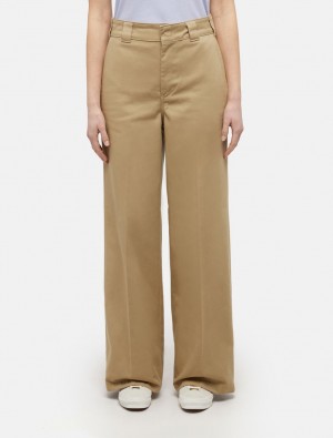 Calças De Trabalho Dickies Wide Leg Feminino Caqui | 186536451