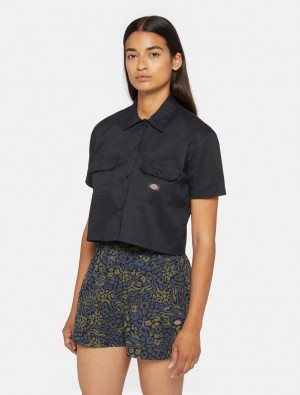 Camisas Dickies Cropped Short Sleeve Work Feminino Pretas | 316679553