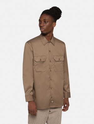Camisas Dickies Long Sleeve Work Masculino Marrom | 443071670